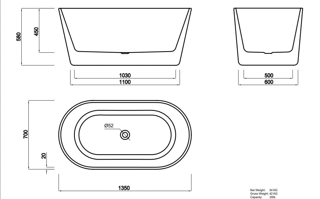 1350 OVAL FREE STANDING BATH