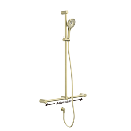 MECCA CARE 32MM T BAR GRAB RAIL AND ADJUSTABLE SHOWER SET 1100X750MM BRUSHED GOLD (NRCS006BG)