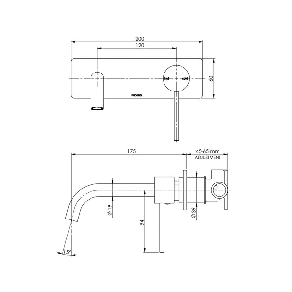 Vivid Slimline Wall Bath Mixer Set 180mm Curved Gun Metal-5795